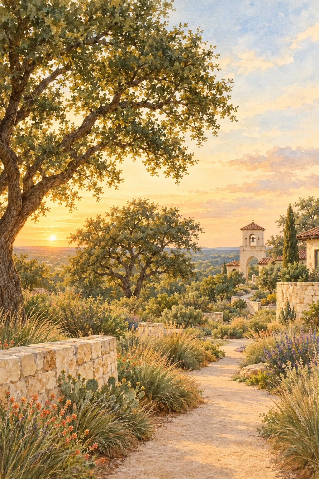 Watercolor of a Hill Country walking path with live oaks and limestone walls at golden hour